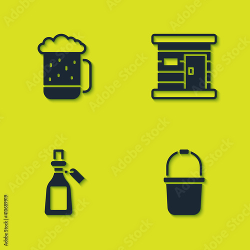 Set Wooden beer mug, Sauna bucket, Essential oil bottle and wooden bathhouse icon. Vector.