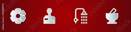 Set Flower, Man in the sauna, Shower and Mortar and pestle icon. Vector.