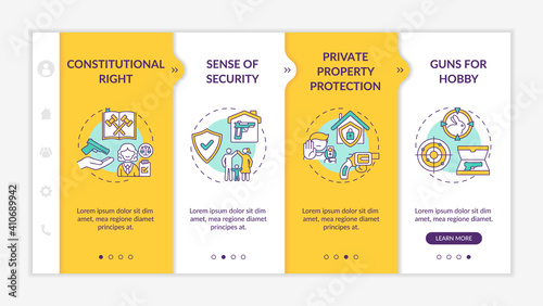 Gun regulation onboarding vector template. Constitutional rights. Private property protection. Responsive mobile website with icons. Webpage walkthrough step screens. RGB color concept