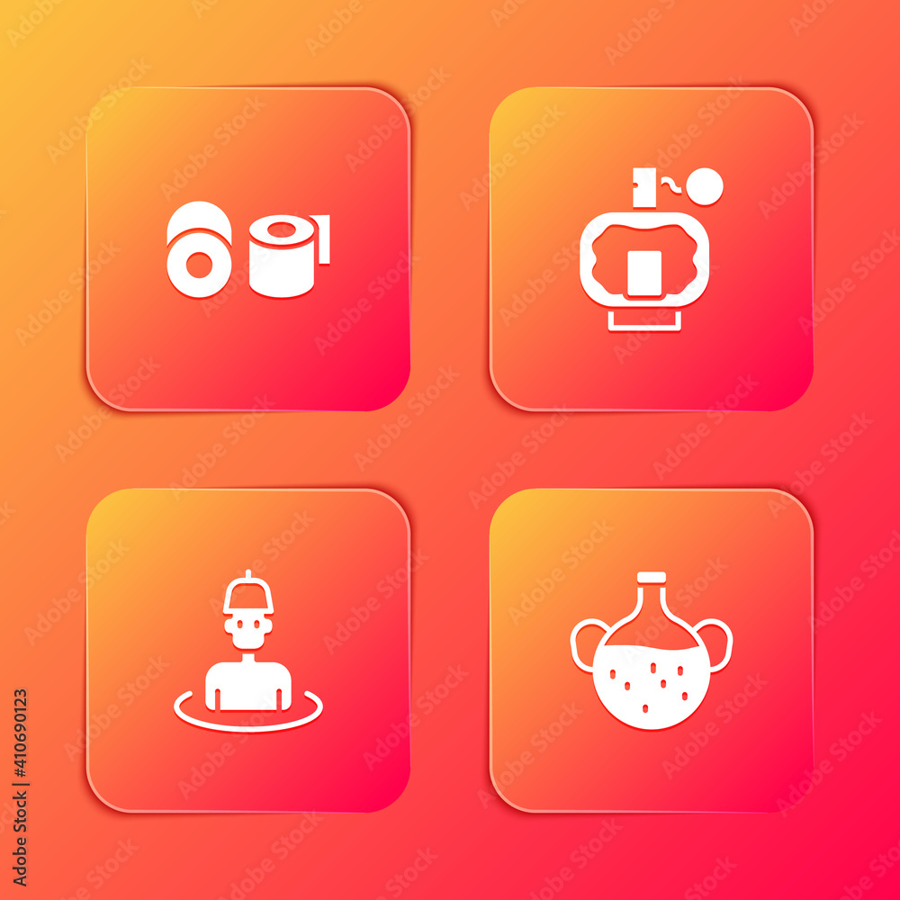 Set Toilet paper roll, Aftershave, Man in the sauna and Essential bottle icon. Vector.