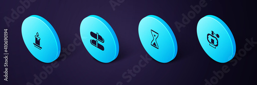 Set Isometric Aftershave, Sauna hourglass, slippers and Aroma candle icon. Vector.