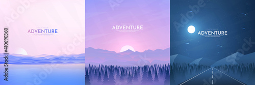 Vector illustration. Landscapes collection. Flat cartoon style. Triangle shapes. Misty forest, sunset scene, night highway. Design for banner, blog post, social media template, card.