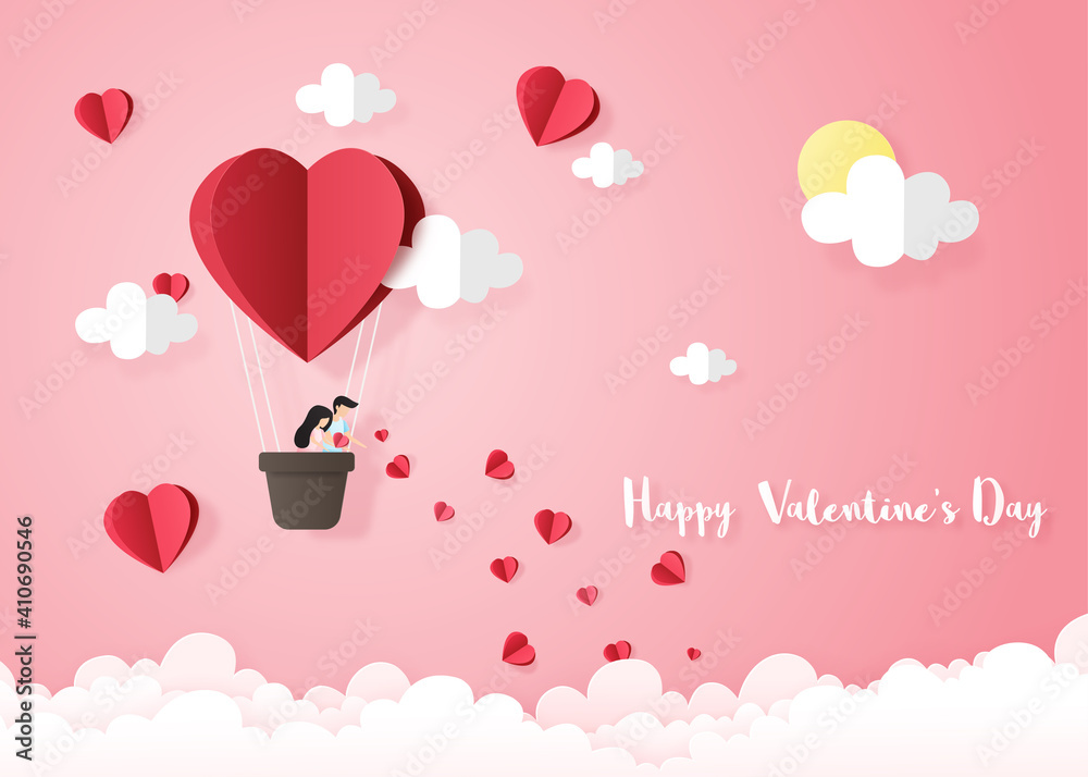 Paper art of heart balloons floating and  couple scattering hearts in the sky, origami and valentine's day concept.Love paper cut invitation card background.