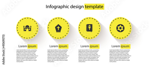 Set Muslim Mosque, Pope hat, Cross ankh book and Star of David. Business infographic template. Vector.