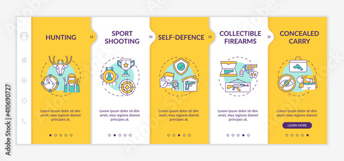 Sport shooting onboarding vector template. Concealed gun carry. Self defense. Collectible firearms. Responsive mobile website with icons. Webpage walkthrough step screens. RGB color concept
