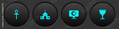 Set Cross ankh, Church building, Star and crescent and Holy grail or chalice icon. Vector.