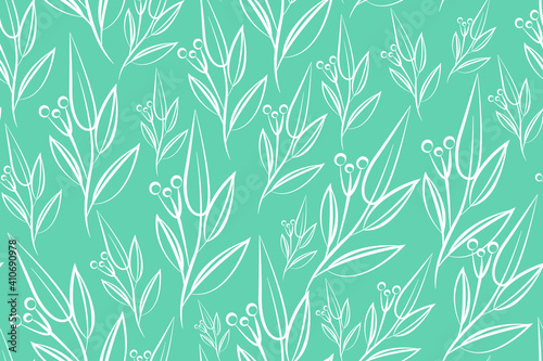 vector seamless floral pattern with silhouettes of meadow grasses. Forget-me-not flowers. Vintage style. white lines on blue background © Darina