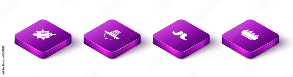 Set Isometric Hot chili pepper pod, Mexican sombrero, Mustache and Nachos in bowl icon. Vector. Set Isometric Hot chili pepper pod, Mexican sombrero, Mustache and Nachos in bowl icon. Vector.