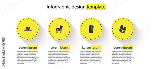 Set Mexican sombrero, Pinata, Burrito and Avocado fruit. Business infographic template. Vector.