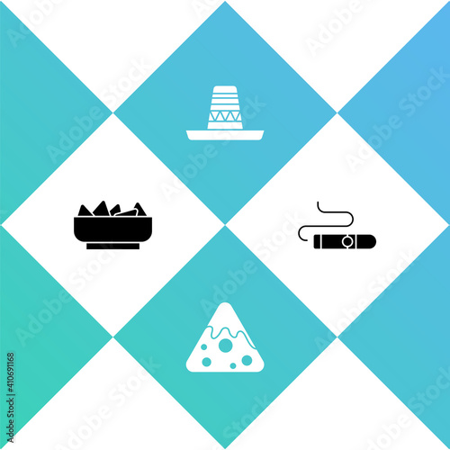 Set Nachos in bowl, , Mexican sombrero and Cigar icon. Vector.