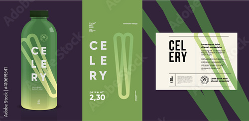 Celery.  Flat vector illustration. Price tag, label, packaging and product poster. Label design template on a bottle. Minimalistic, modern label.