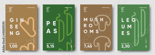 Ginseng, Peas, Mushrooms, Legumes. Price tag, label or poster. Set of posters, vegetables and herbs in a minimalist design. Flat vector illustration.