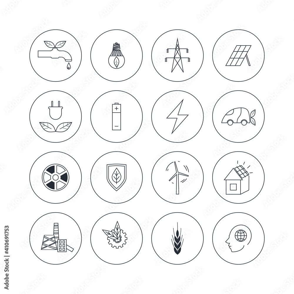 A set of icons about eco-friendly energy and manufacturing in outline style. Vector illustration.