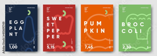 Eggplant, Sweet pepper, Pumpkin, Broccoli. Price tag, label or poster. Set of posters, vegetables and herbs in a minimalist design. Flat vector illustration.