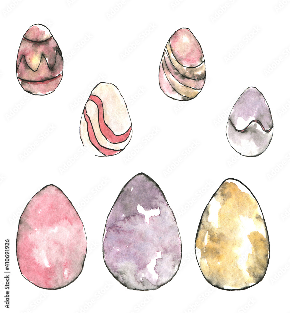 Laid-back watercolor set of hand-drawn muted colored Easter eggs with yellow ribbon. Elegant illustration in the sketch style isolated on a white background. Laid-back watercolor set of hand-drawn muted colored Easter eggs with yellow ribbon. Elegant illustration in the sketch style isolated on a white background.
