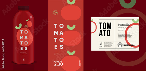 Tomatoes. Flat vector illustration. Price tag, label, packaging and product poster. Label design template on a bottle. Minimalistic, modern label.