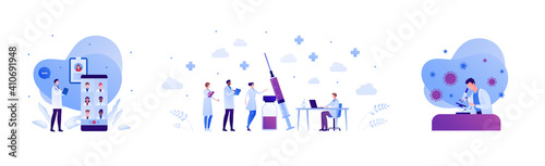 Vaccination and virus study concept. Vector flat people illustration set. Red shield symbol. Team of scientist research. Vaccine in syringe, microscope and vial. Tele conference on smartphone screen.