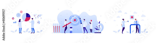 Vaccination and virus study concept. Vector flat people illustration set. Red shield symbol. Male and female team of scientist research. Planet earth with covid19 symbol. Infographic chart sign.
