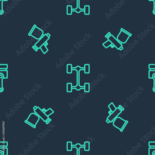Set line Chassis car, Paint spray gun and Engine piston on seamless pattern. Vector.
