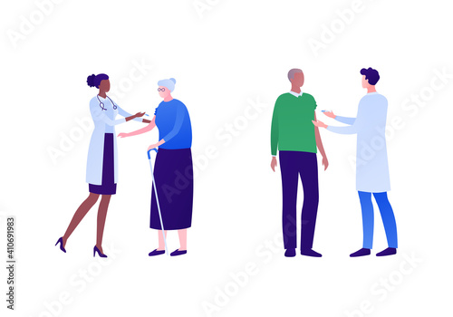 Vaccination for senior people and covid19 virus protection concept. Vector flat illustration set. Collection of male and female nurse and doctor character. Elderly man and woman patient.