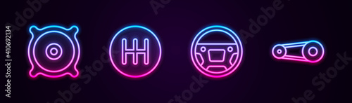 Set line Car audio speaker, Gear shifter, Steering wheel and Timing belt kit. Glowing neon icon. Vector.