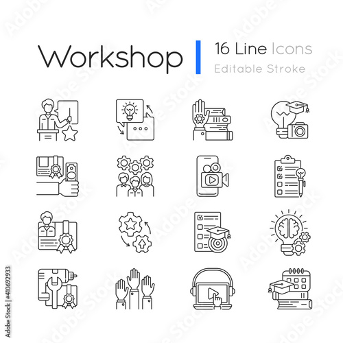 Workshop linear icons set. Knowledgeable presenter. Sharing experience. Workshop certificate. Customizable thin line contour symbols. Isolated vector outline illustrations. Editable stroke
