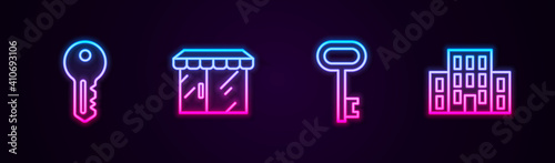 Set line House key, Market store, and . Glowing neon icon. Vector.