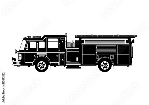 Modern fire engine. Silhouette of heavy rescue pumper. Side view. Flat vector.