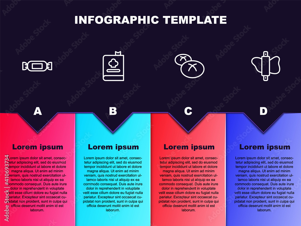 Set line Candy, Cookbook, Bread loaf and Rolling pin on dough. Business infographic template. Vector. Set line Candy, Cookbook, Bread loaf and Rolling pin on dough. Business infographic template. Vector.