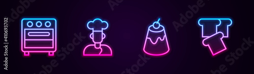 Set line Oven, Cook, Pudding custard and Bread toast. Glowing neon icon. Vector.