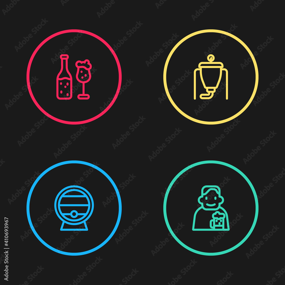 Set line Wooden barrel on rack, Happy man with beer, Beer brewing process and bottle and glass icon. Vector.