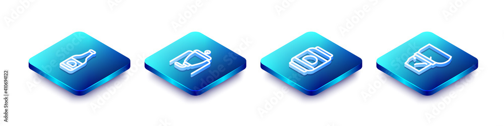Set Isometric line Beer bottle, brewing process, can and belly icon. Vector. Set Isometric line Beer bottle, brewing process, can and belly icon. Vector.