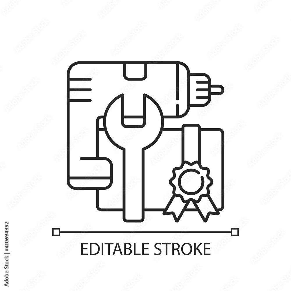 DIY workshop linear icon. Getting proffesional skill with power drill and hummer. Reaching goal. Thin line customizable illustration. Contour symbol. Vector isolated outline drawing. Editable stroke
