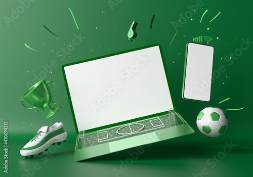 football concept with white screen smartphone and laptop template mockup. 3d illustration. football balls football field isometric in a football stadium. sport online application. sport live streaming