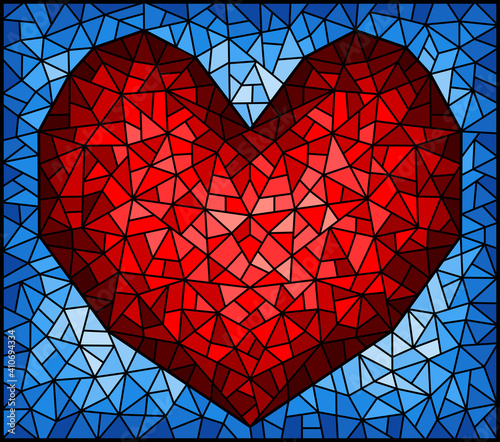 Illustration in stained glass style with an abstract red heart on a blue background, rectangular image