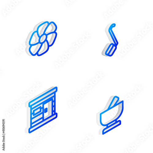 Set Isometric line Sauna ladle, Flower, wooden bathhouse and Mortar and pestle icon. Vector.