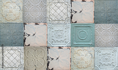 Old decorative painted tin ceiling tiles. Seamless pattern.  photo