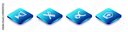 Set Isometric line Holy grail or chalice, book of Koran, Star and crescent on chain and Pope hat icon. Vector.