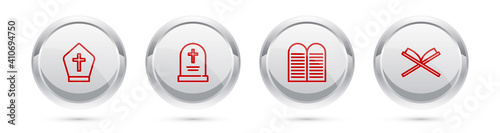Set line Pope hat, Tombstone with cross, The commandments and Holy book of Koran. Silver circle button. Vector.