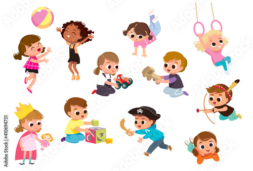 Set group collection of vector cute babies kids characters playing,doing activities in different various poses.Children jump,move,having fun in fine mood,play,hang around with different emotions.