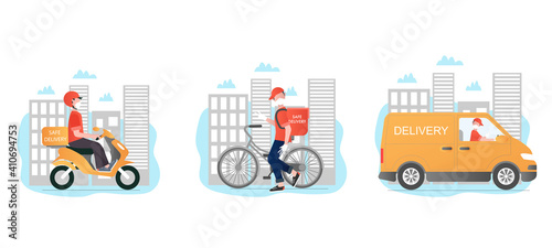 Safe delivery vector set. Safe delivery with different types of transport. Delivery men with masks and gloves. Safe, contactless food delivery home and office. 