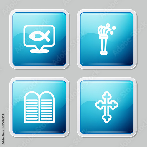 Set line Christian fish, Aspergillum, The commandments and cross icon. Vector.