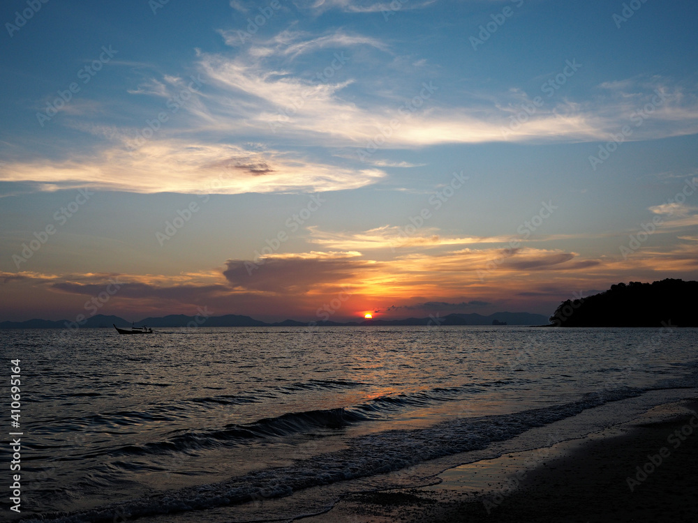 Sunset on a tropical beach.Thailand, Krabi province.