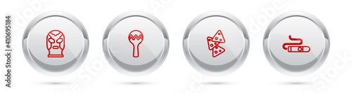 Set line Mexican wrestler, Maracas, Nachos and Cigar. Silver circle button. Vector.
