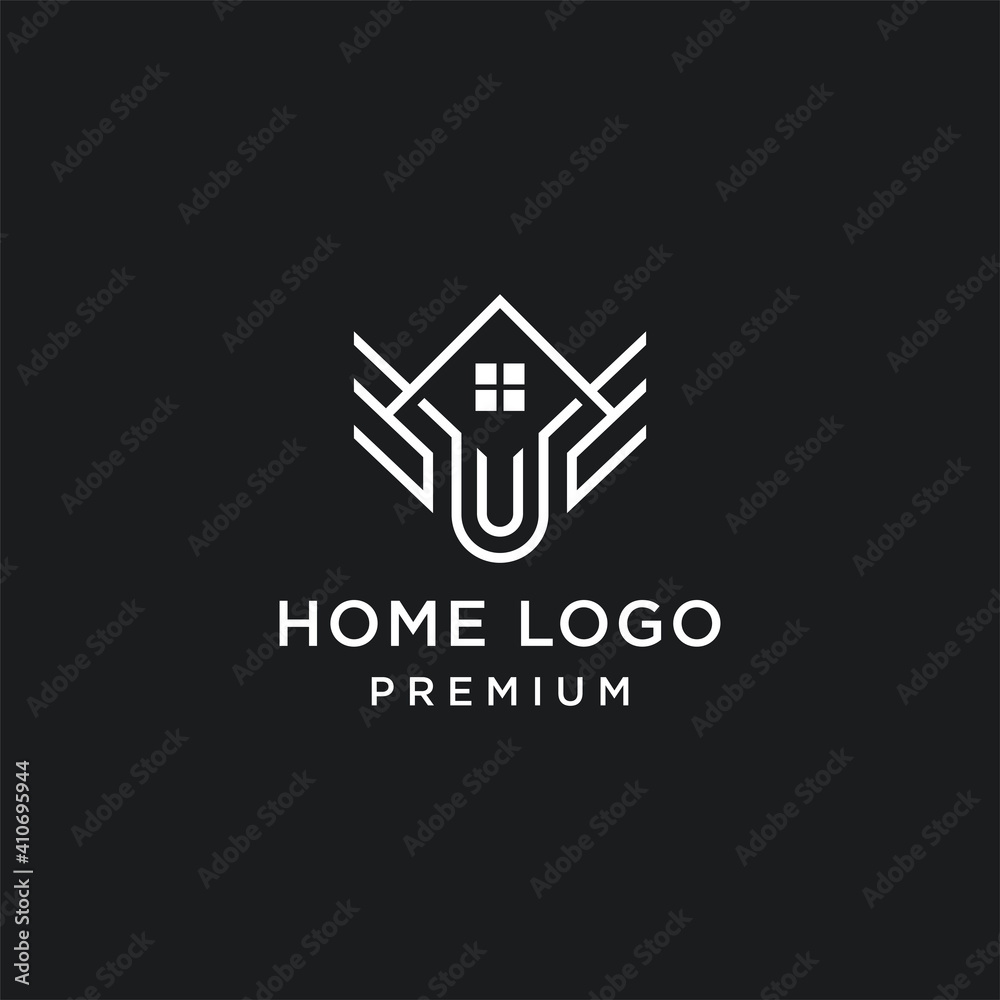 Vector line art logotype of wooden house. Abstract logo design for construction company or interior design studio.