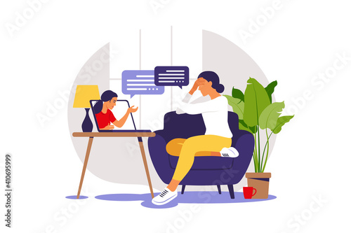 Online therapy and counselling under stress and depression. Young woman psychotherapist supports female with psychological problems. Vector illustration