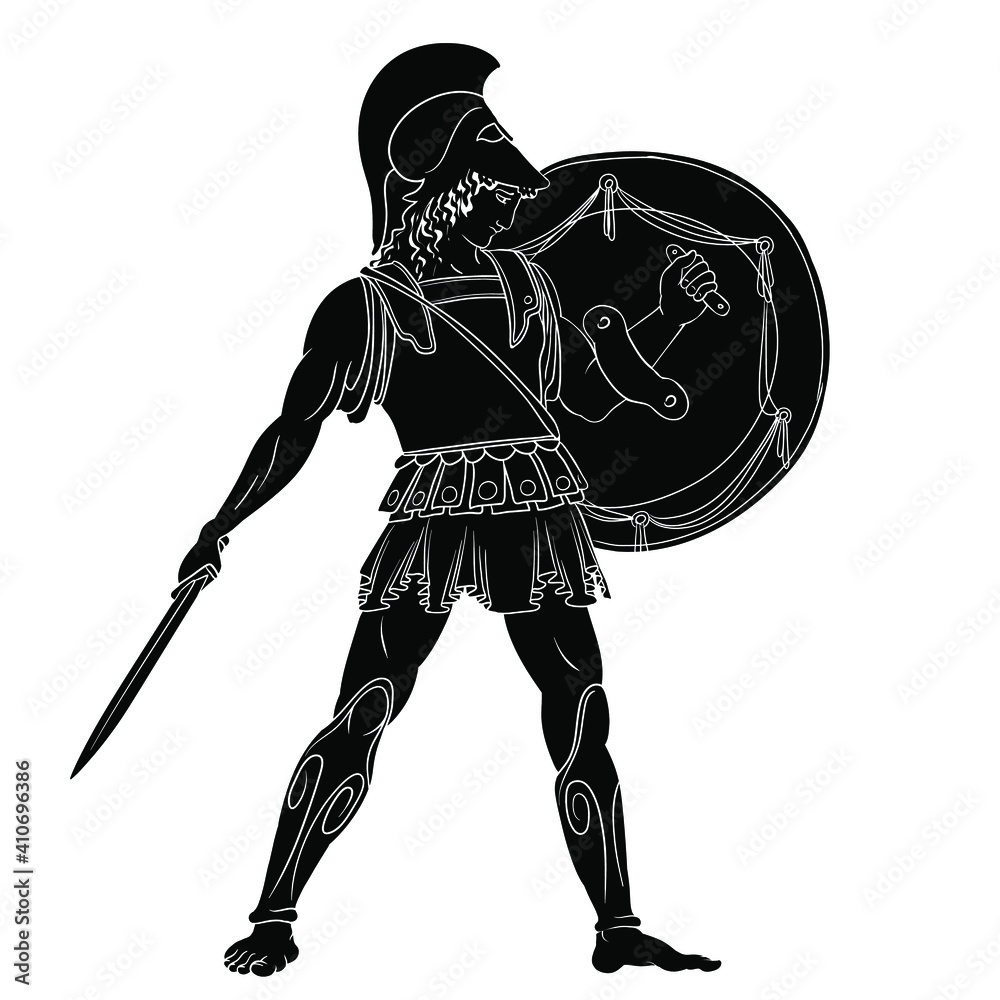 Ancient Greek warrior with a sword and shield in his hands is standing ...