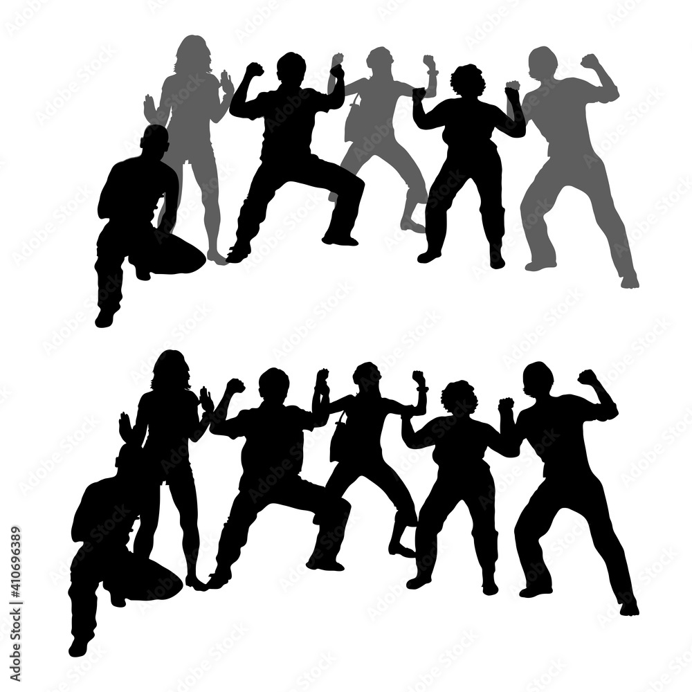 Vector emotional silhouettes of a big group of people. Boy, man and girl are standing with their hands up. Hands are clenched into a fist, legs are bent at the knees, squatting. Funny poses.