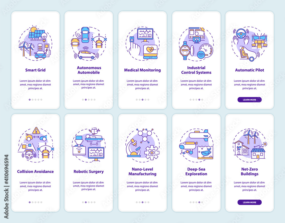 Cyber-physical systems onboarding mobile app page screen with concepts set. Application and usage benefits walkthrough 5 steps graphic instructions. UI vector template with RGB color illustrations