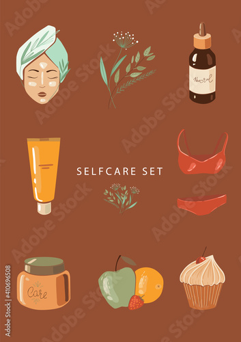Selfcare natural organic face in flat style illustration. Vector nature illustration. Organic cosmetics icon. Health care. 